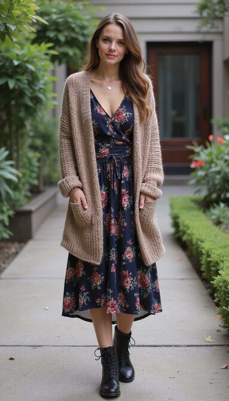 Dark Floral Midi Dress With Chunky Cardigan