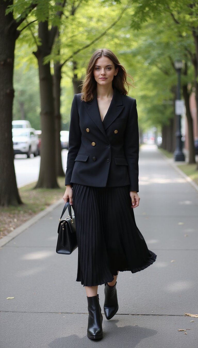 Double Breasted Blazer With Pleated Maxi Skirt
