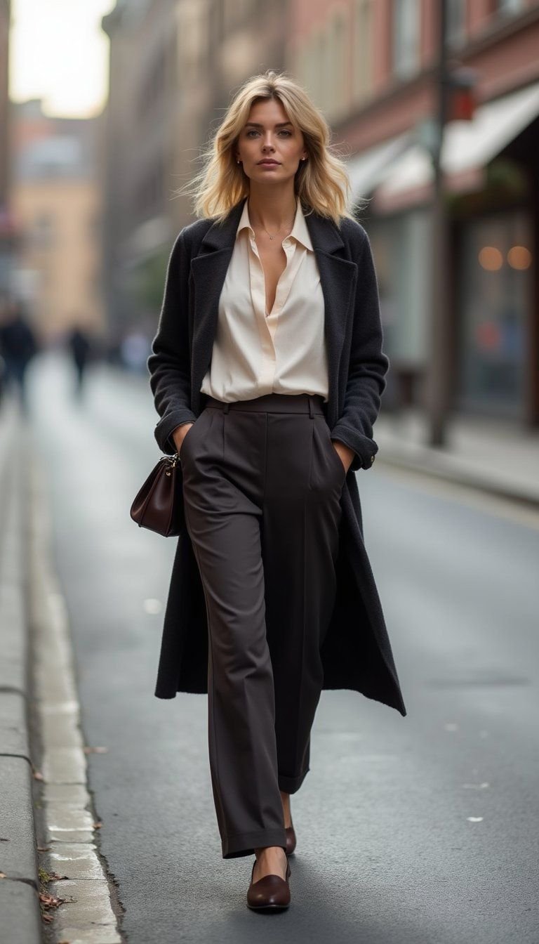 Longline Cardigan Over Blouse And Wide Leg Pants