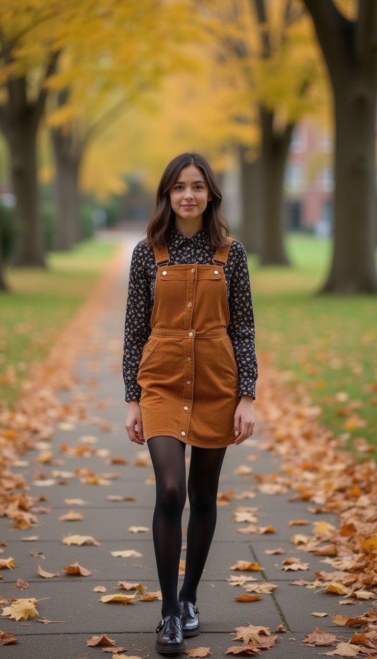 Pinafore Dress Over Collared Blouse And Tights