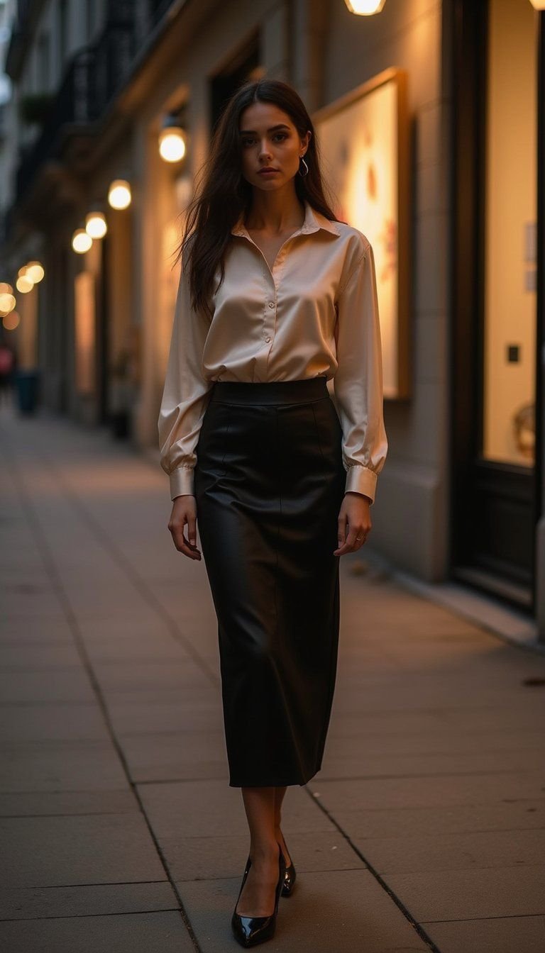 Silk Blouse And High Waist Pencil Skirt For Evenings