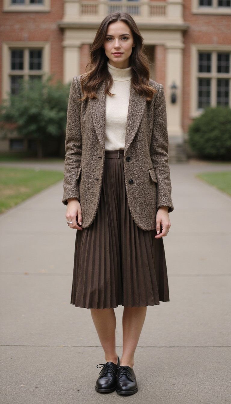 Tweed Blazer And Pleated Midi Skirt Combo