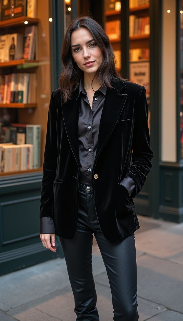 Velvet Blazer With Silk Blouse And Cigarette Pants