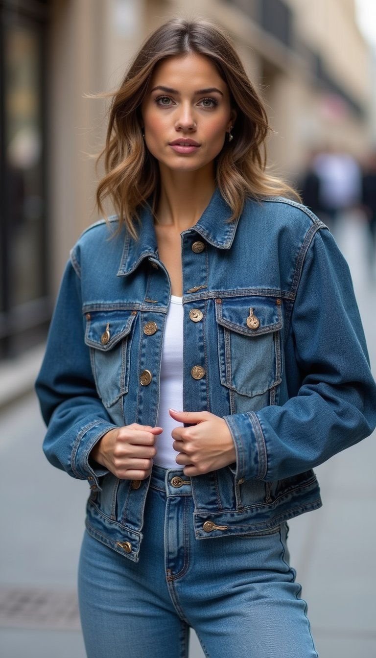 Classic Denim Jacket With Straight-Leg Jeans