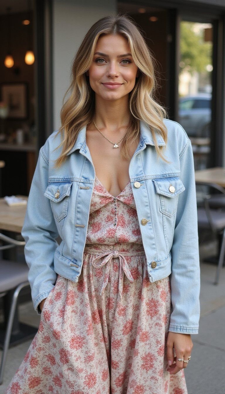 Denim Jacket Layered Over Floral Midi Dress
