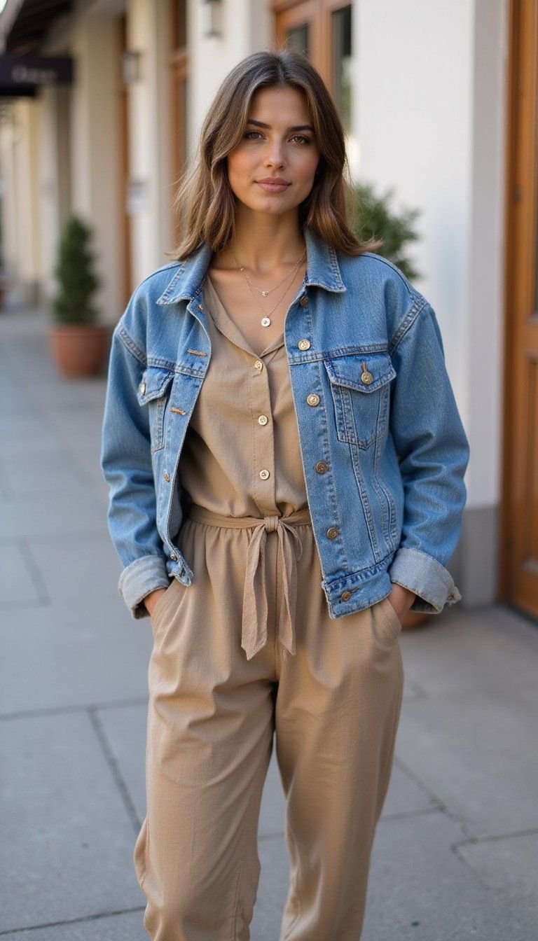 Denim Jacket Over Casual Linen Jumpsuit