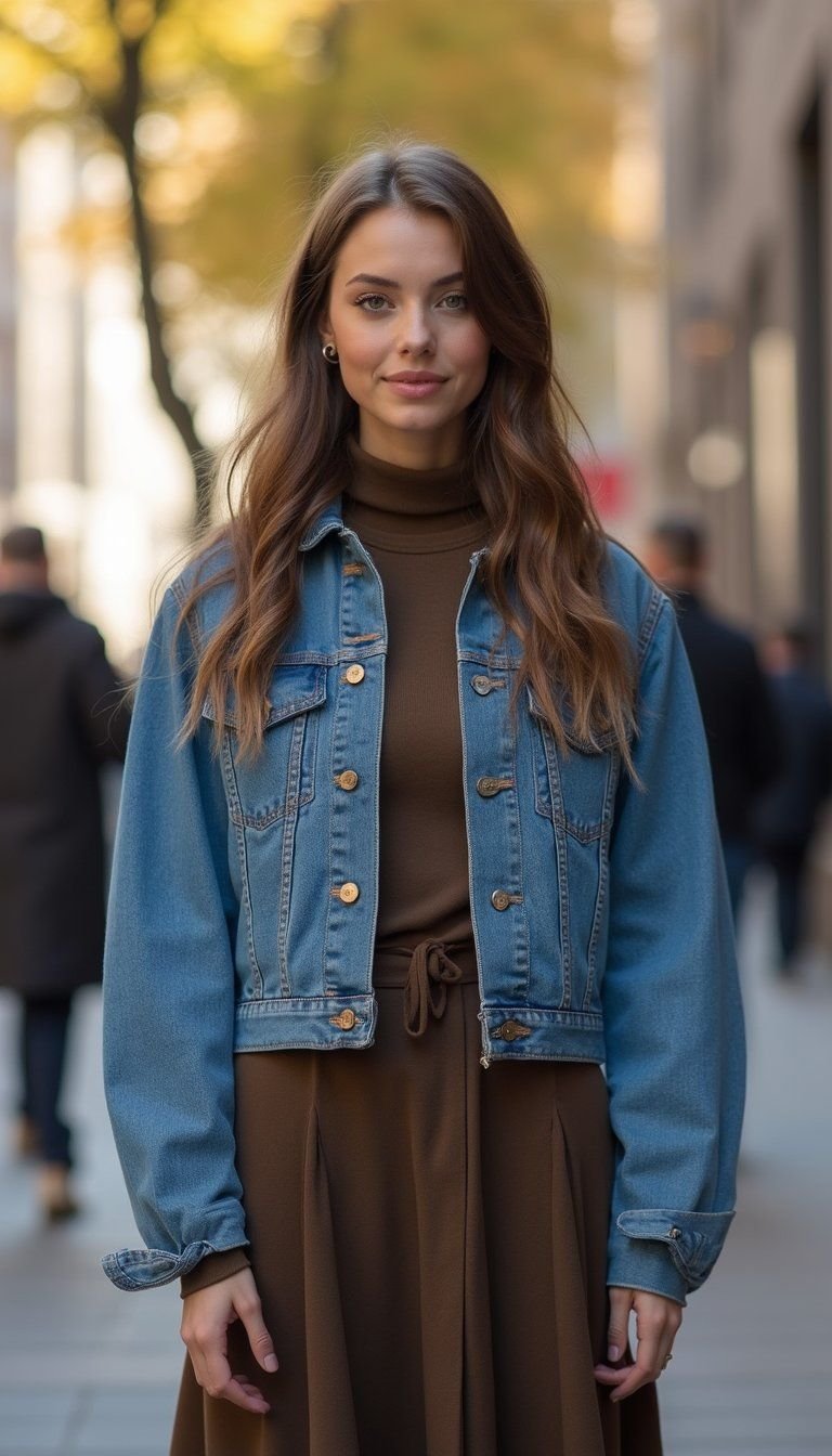 Denim Jacket Over Turtleneck And Midi Skirt