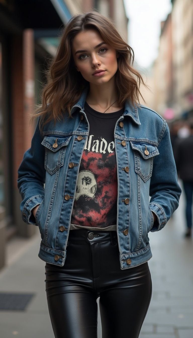Denim Jacket With Band Tee And Leather Pants