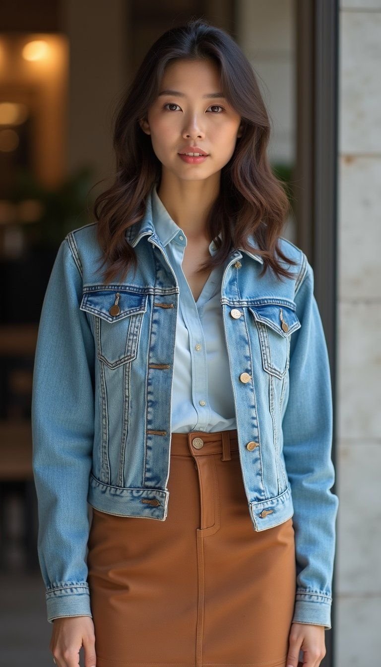 Denim Jacket With Button-Up Shirt And Pencil Skirt