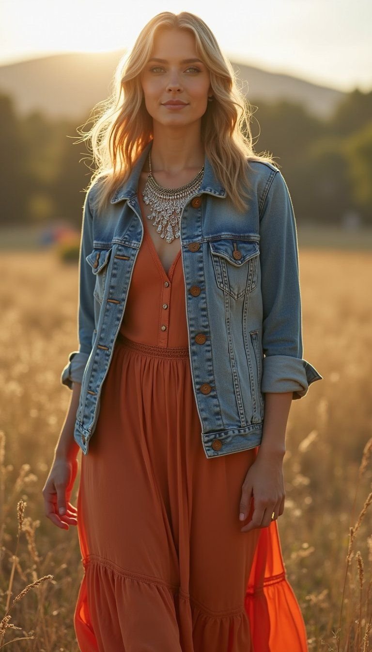 Denim Jacket With Maxi Dress And Statement Necklace