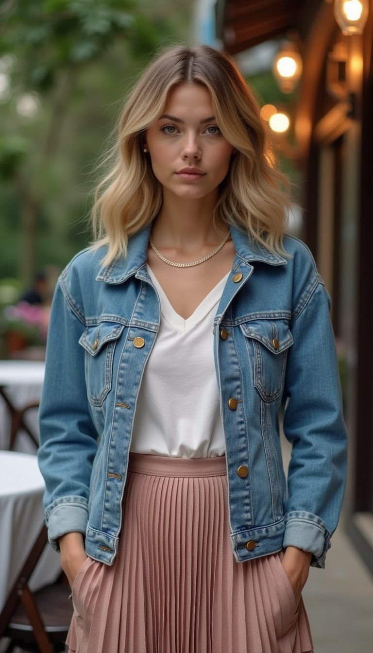 Denim Jacket With Pleated Midi Skirt And Tee
