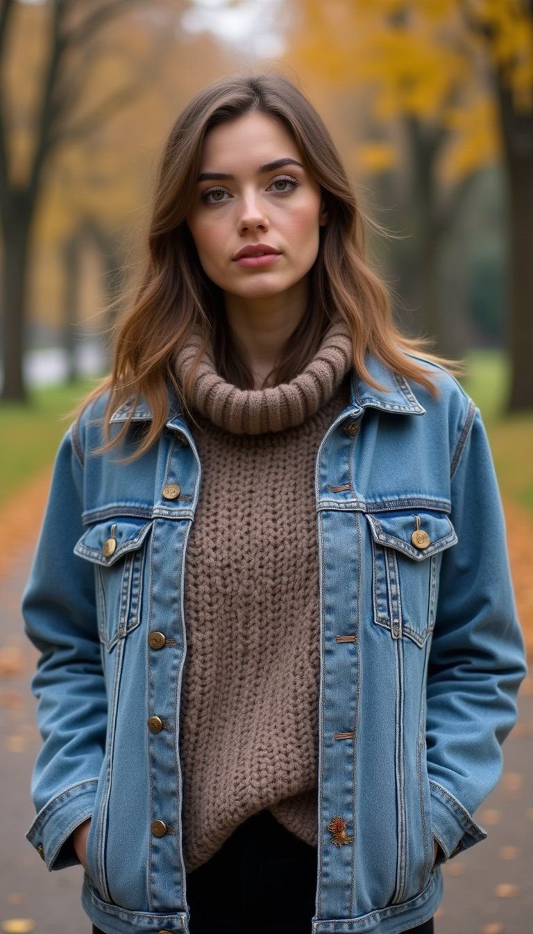Layered Denim Jacket With Cozy Knit Sweater