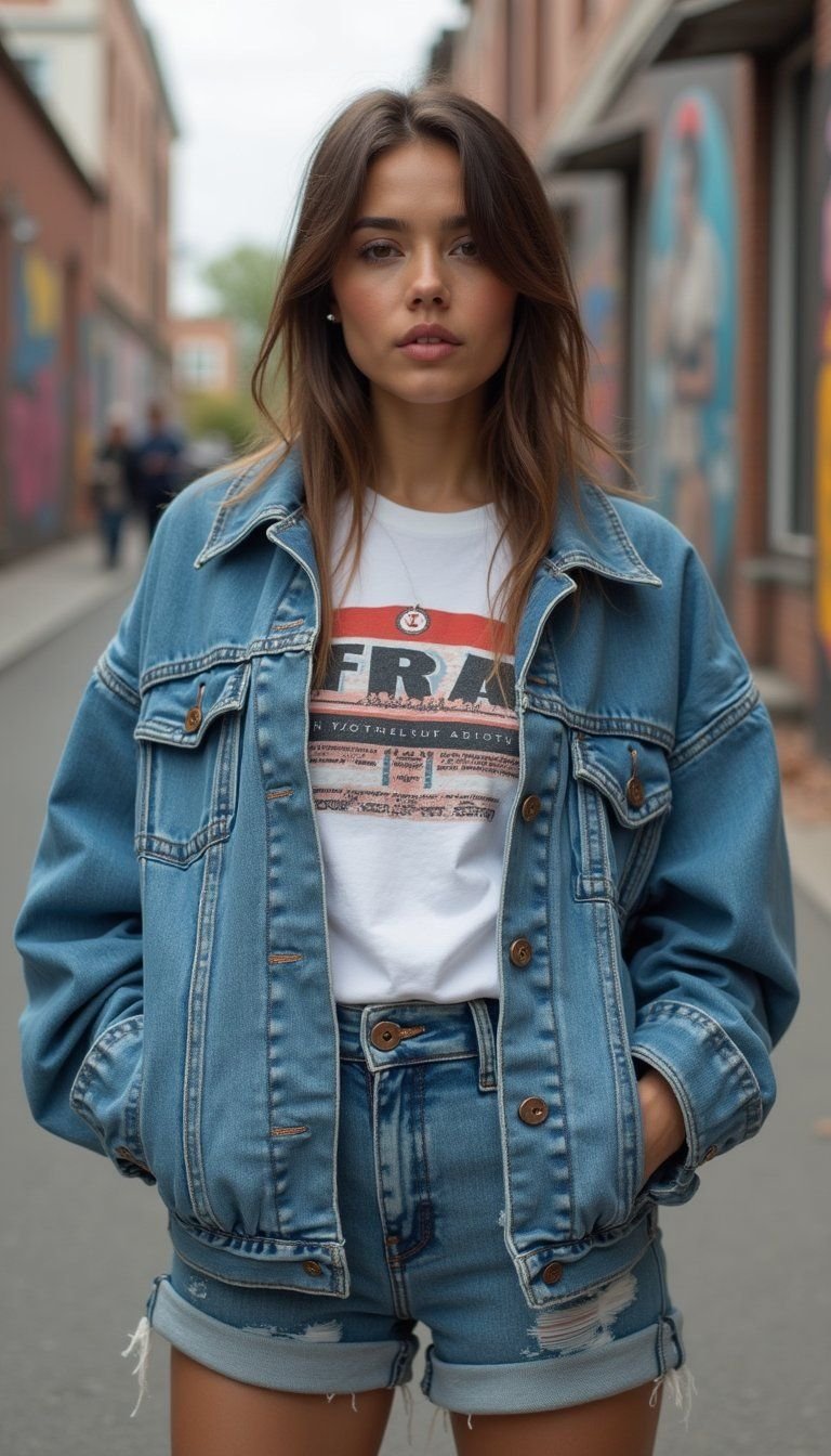 Oversized Denim Jacket With Biker Shorts