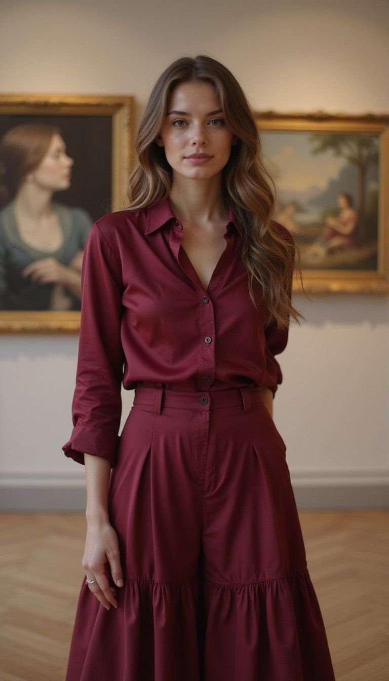 Monochrome Burgundy Blouse And Midi Skirt