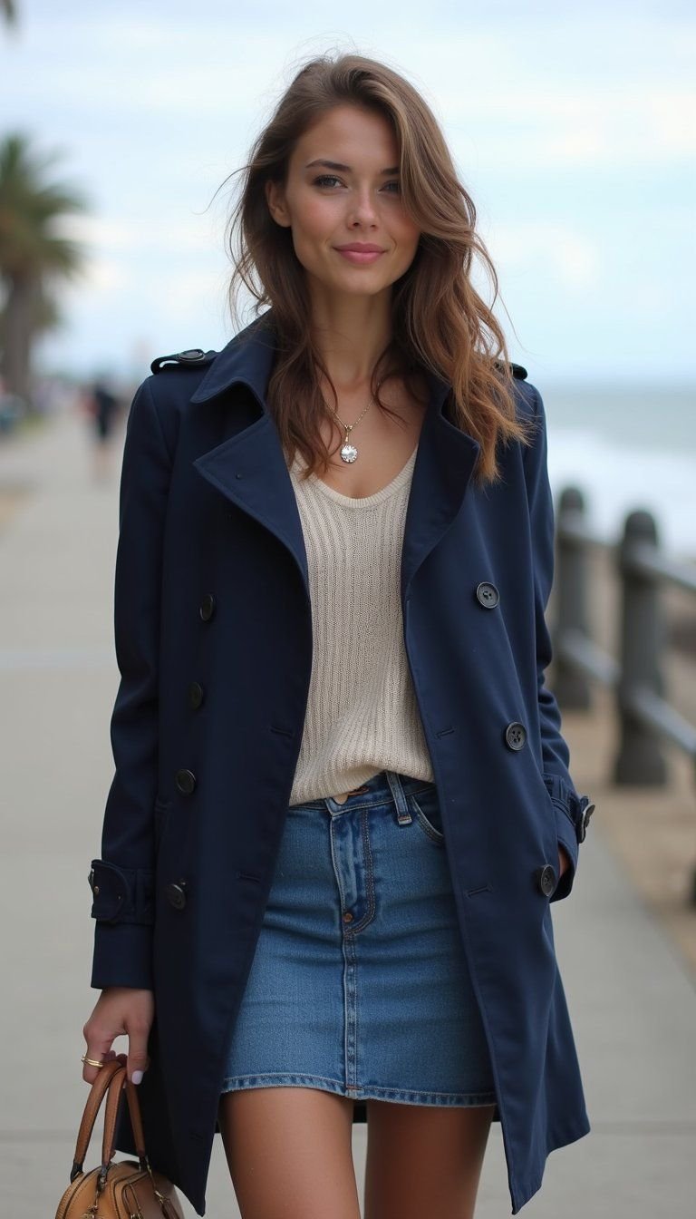 Monochrome Navy Trench And Denim Skirt Look