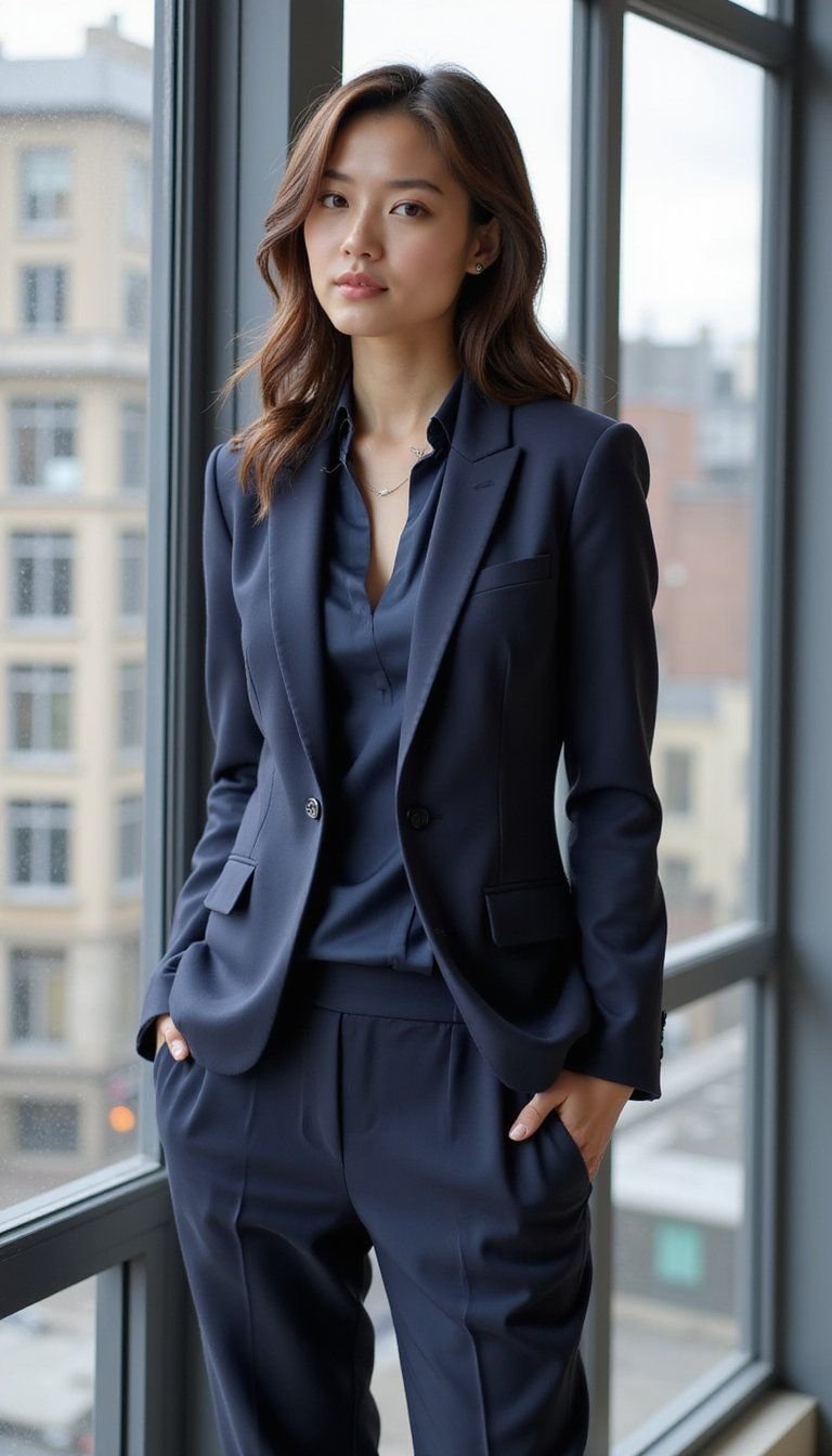 Navy Suiting With Monochrome Silk Blouse