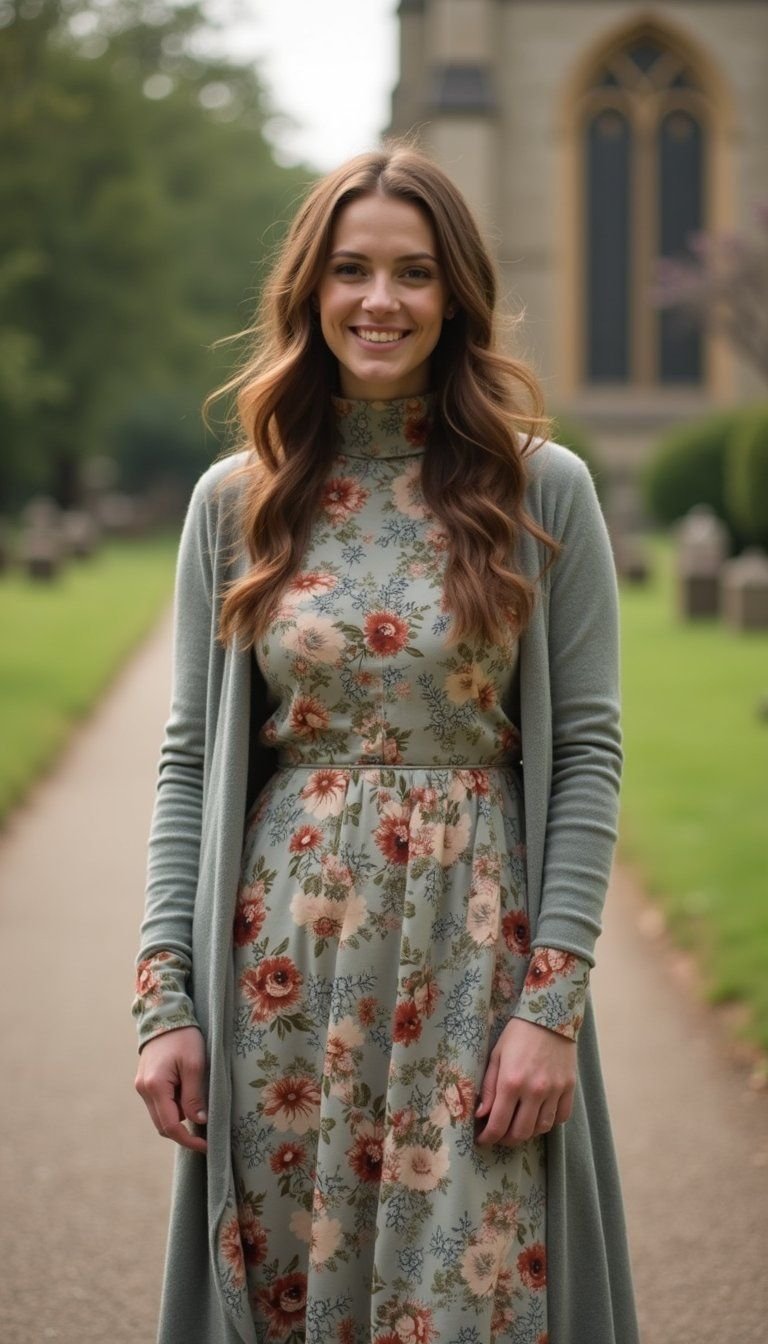High-Neck Floral Tea Dress And Cardigan