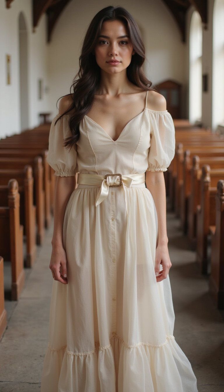 Tea-Length Organza Dress With Satin Belt