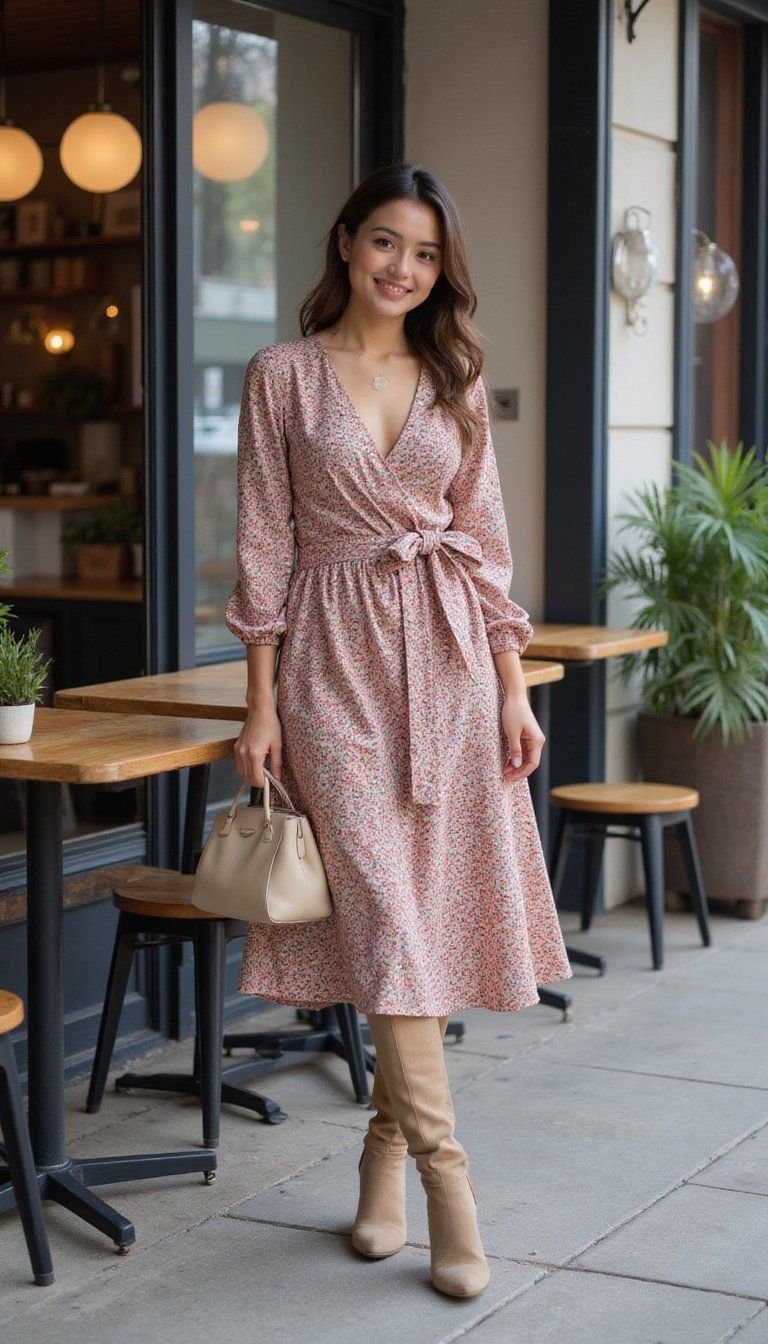 Printed Dress And Solid Boots For Balance