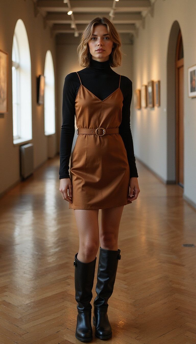 Slip Dress Layered With Turtleneck And Boots