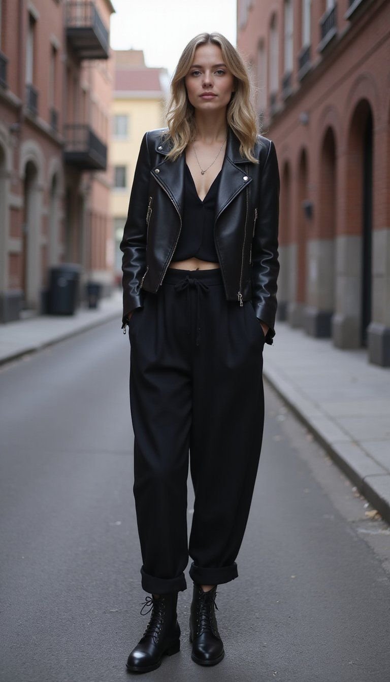 Black Linen Pants With Edgy Leather Jacket