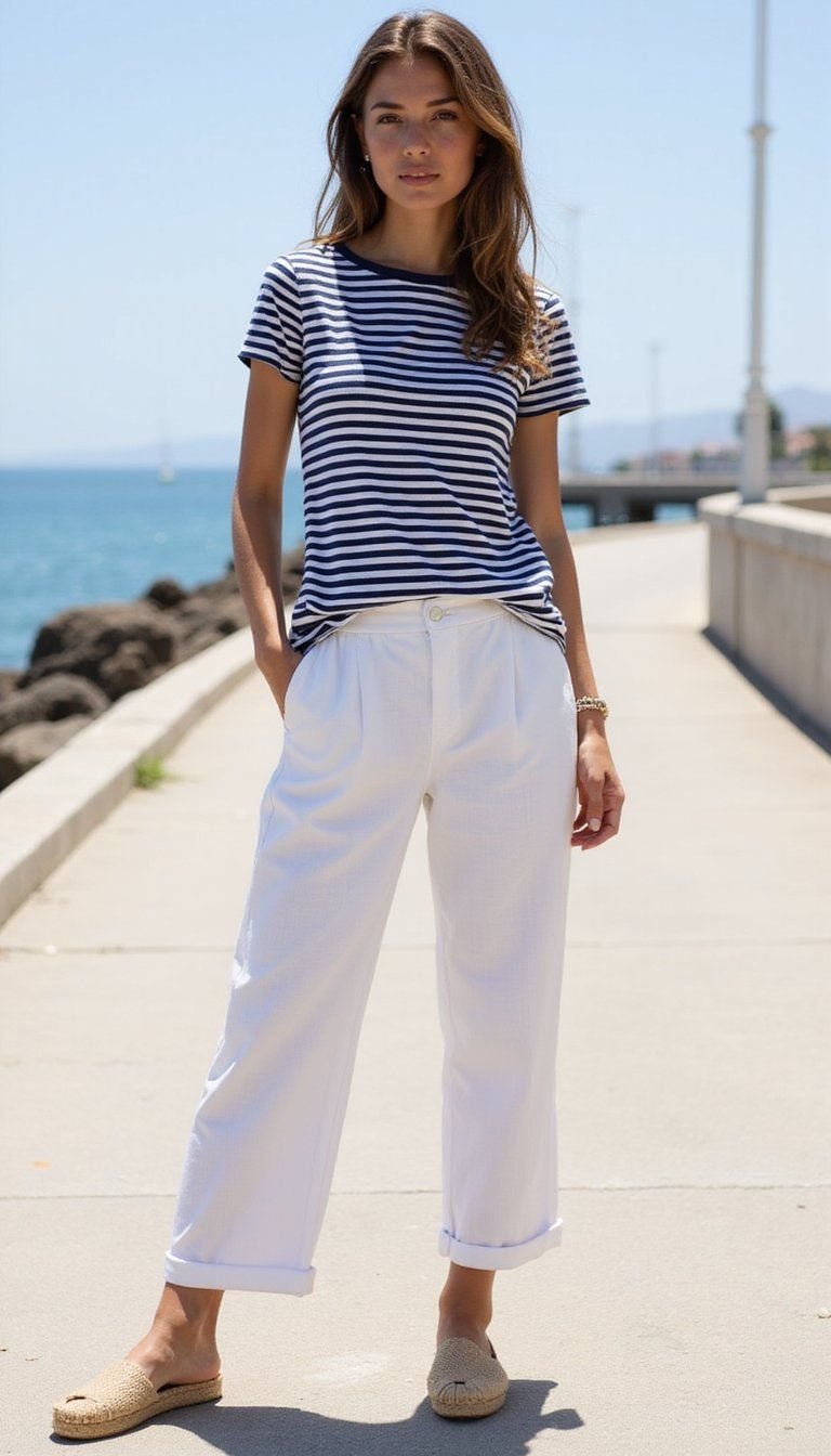 Crisp White Linen Pants And Breton Tee