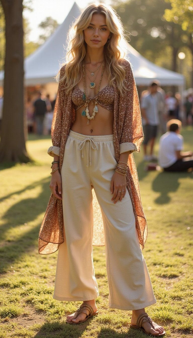 Linen Pants With Boho Kimono And Accessories