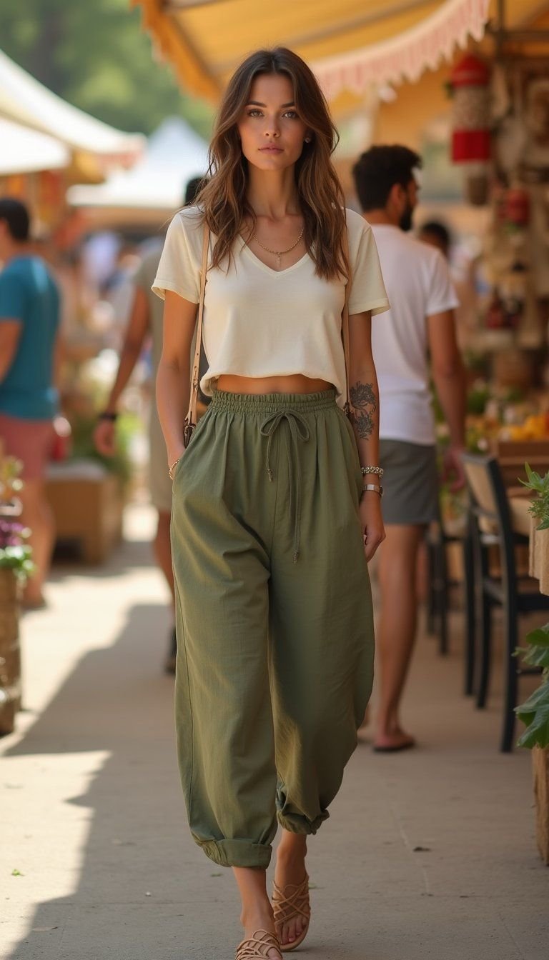 Linen Paperbag Waist Pants With Crop Top