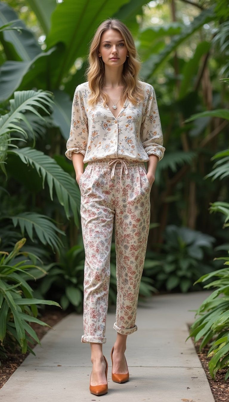 Patterned Linen Pants With Floral Blouse