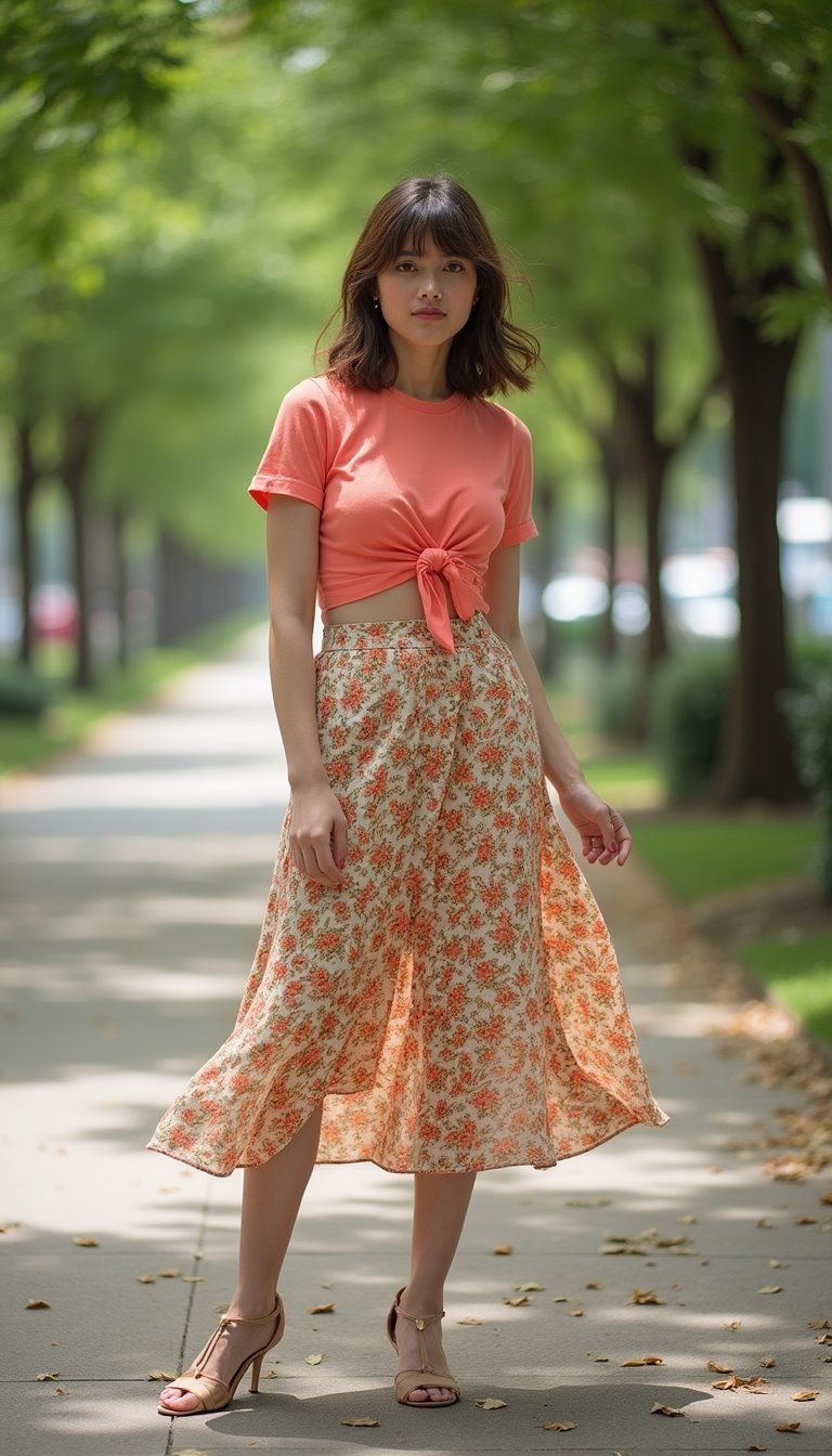 Midi Skirt And Knot Front Tee Combo