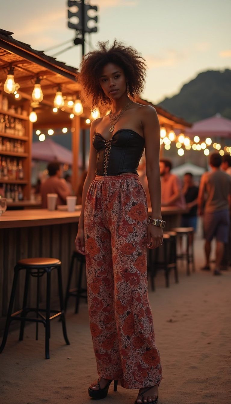 Corset Top With Wide Leg Printed Trousers