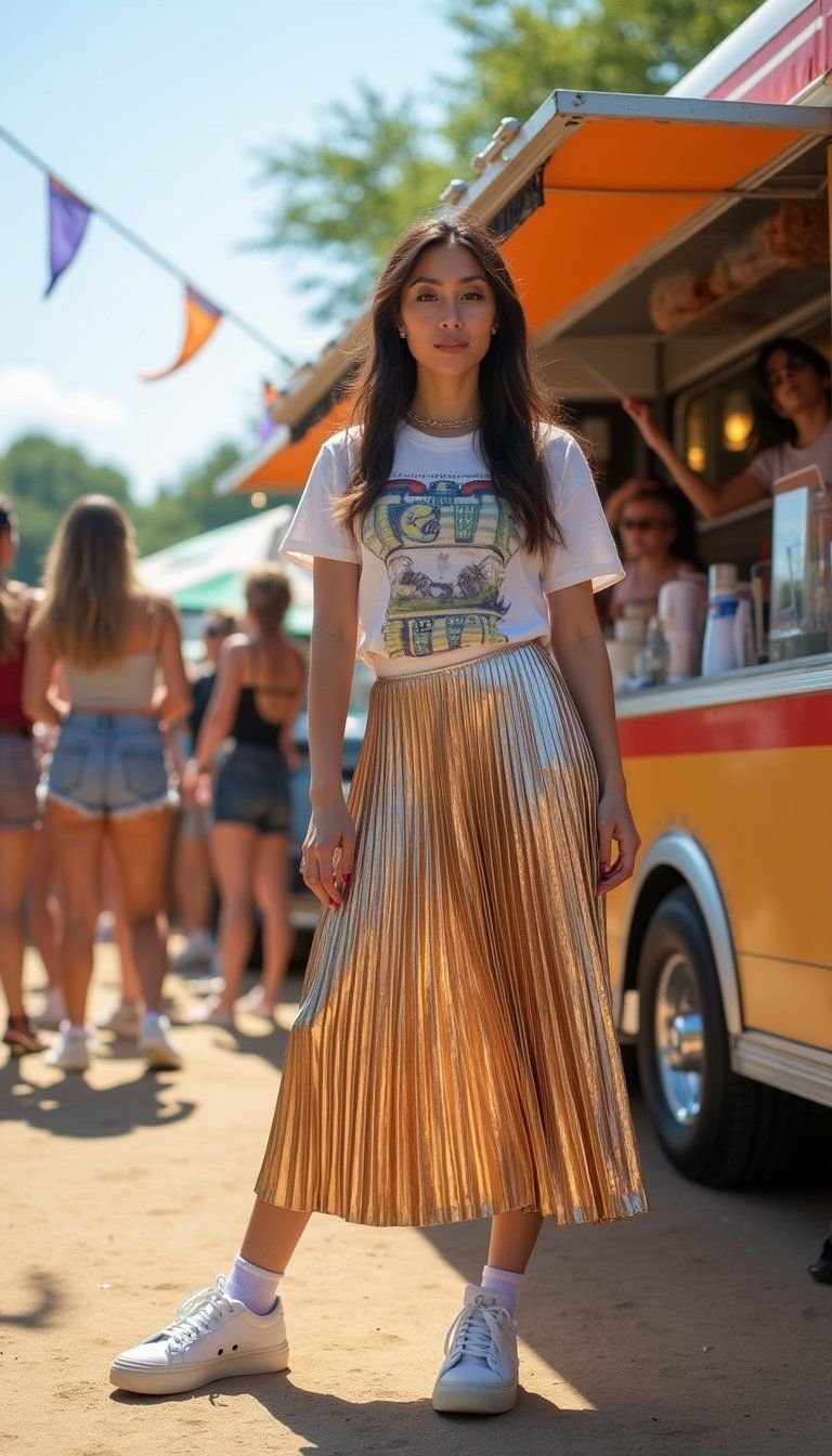 Metallic Pleated Skirt With Graphic Tee