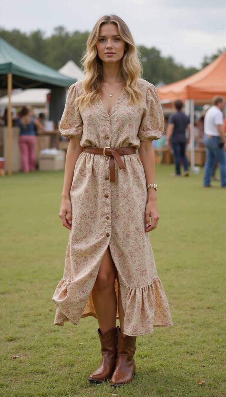 Prairie Dress With Cowboy Boots And Belt