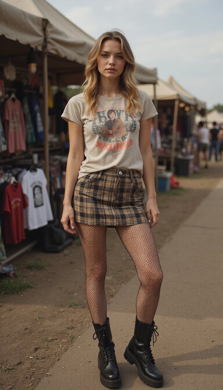 Vintage Band Tee With Plaid Mini Skirt