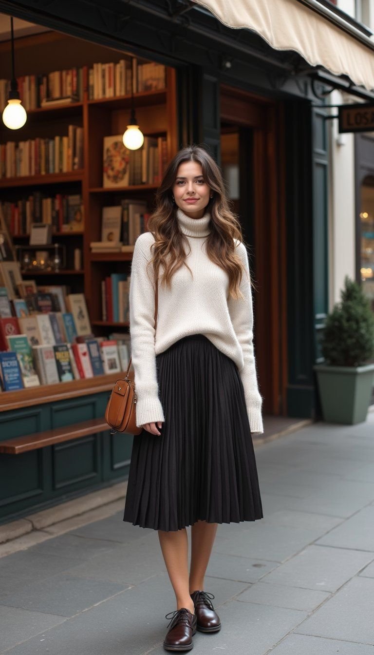 Cashmere Sweater, Pleated Skirt, Oxford Shoe Combo