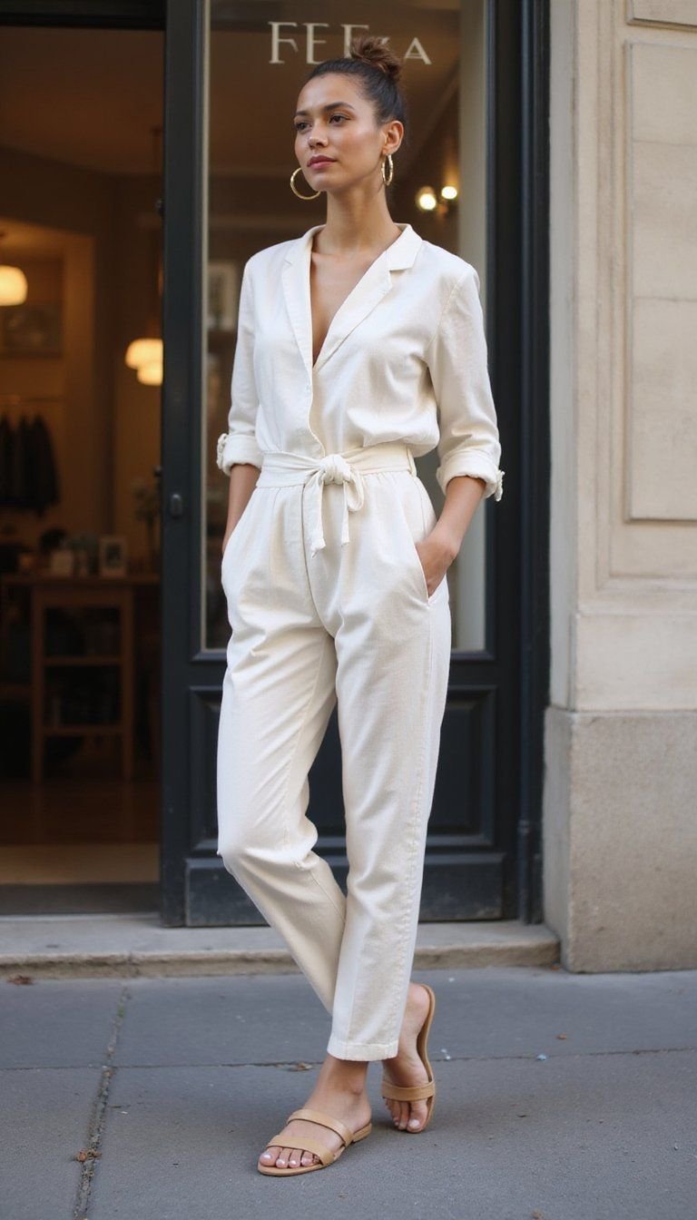 Linen Suit Set, Minimal Sandals, Gold Hoop Accent