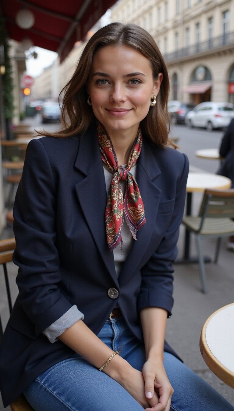 Silk Scarf, Fitted Blazer, Slim Denim Combo