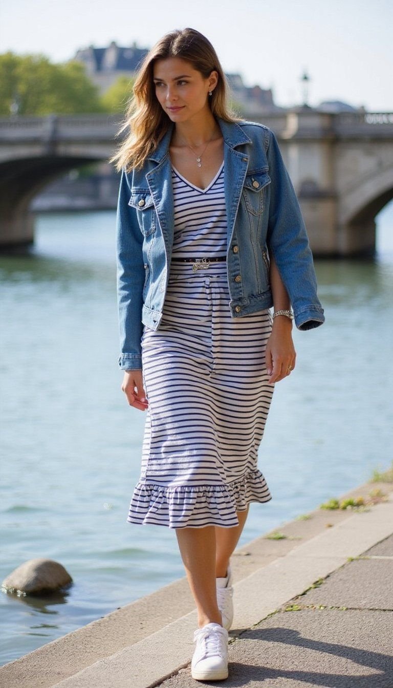 Striped Midi Dress, Denim Jacket, White Trainer Look