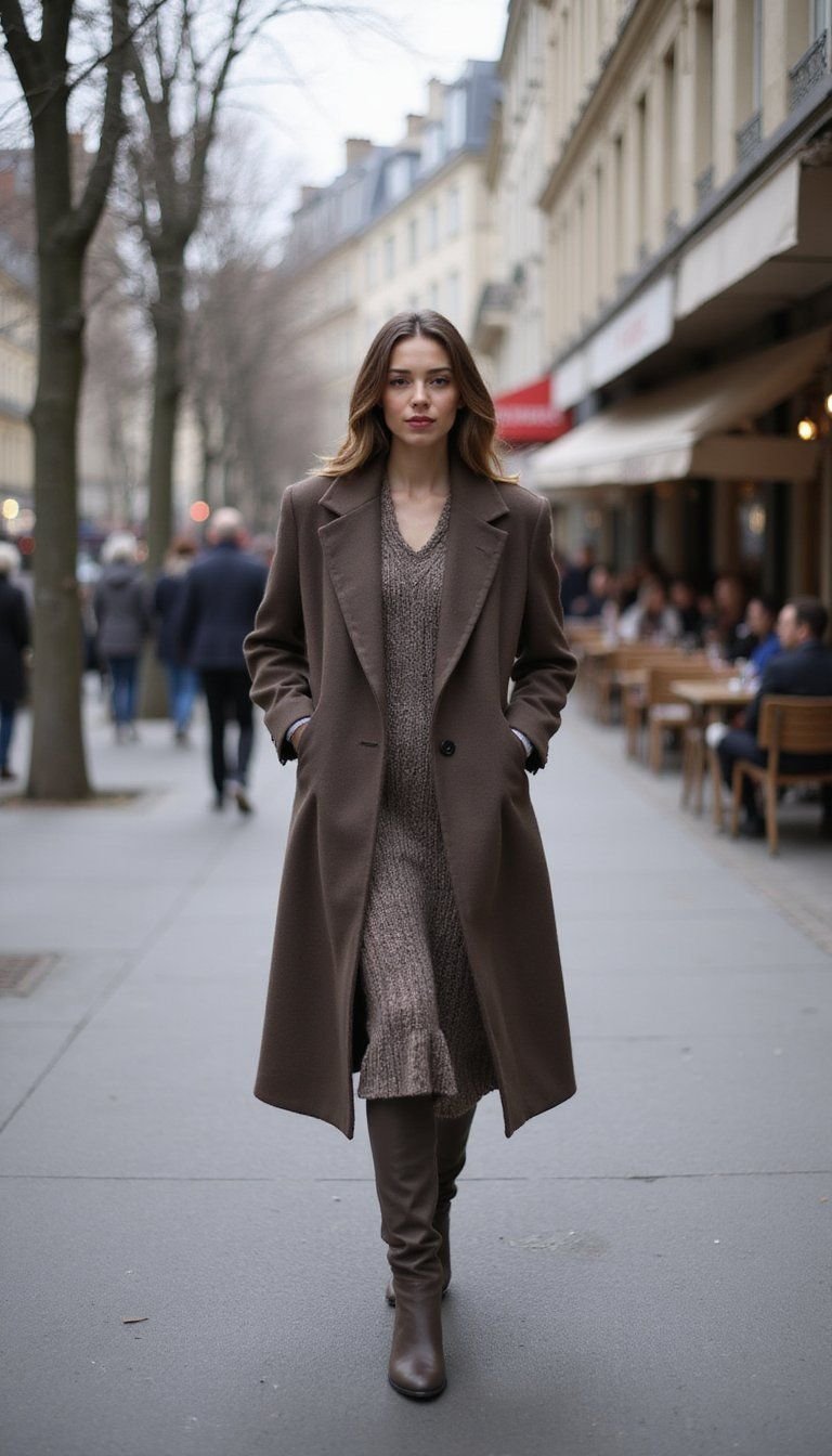 Structured Coat, Midi Dress, Knee-High Boots Ensemble
