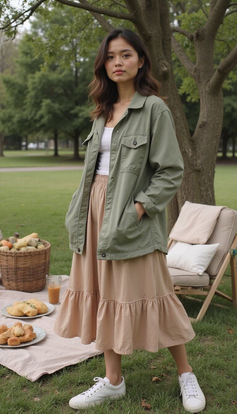 Utility Jacket Paired With Midi Skirt