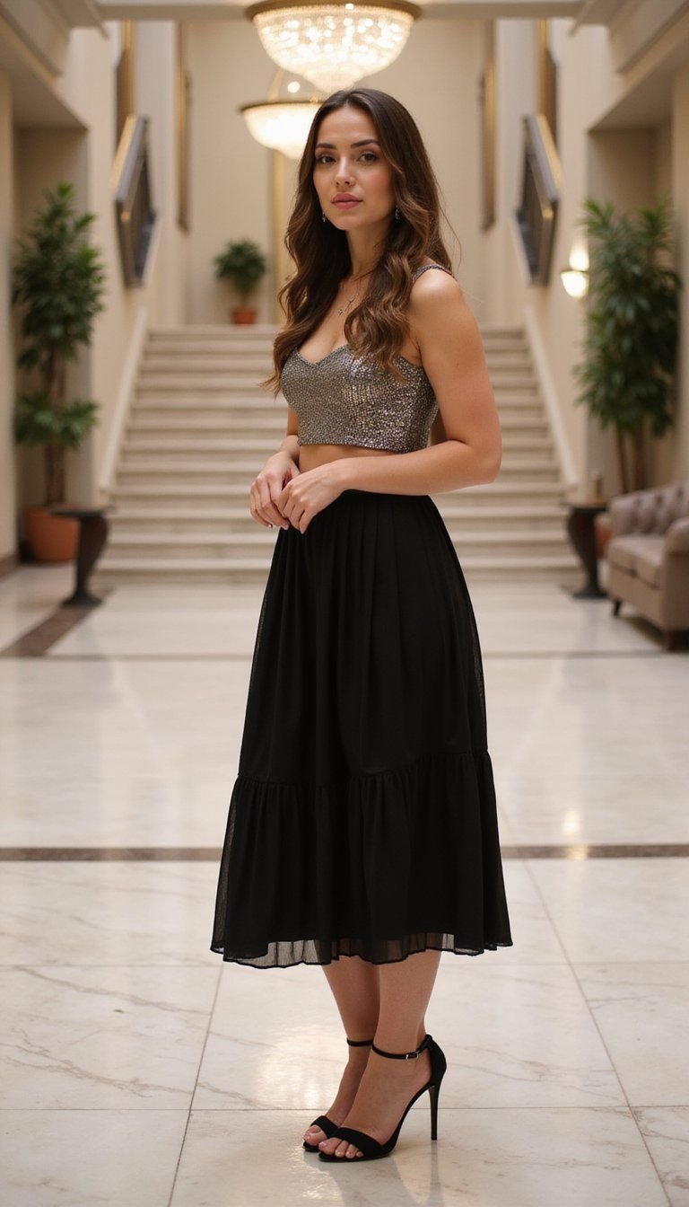 Glam Metallic Top And Evening Pleat Skirt