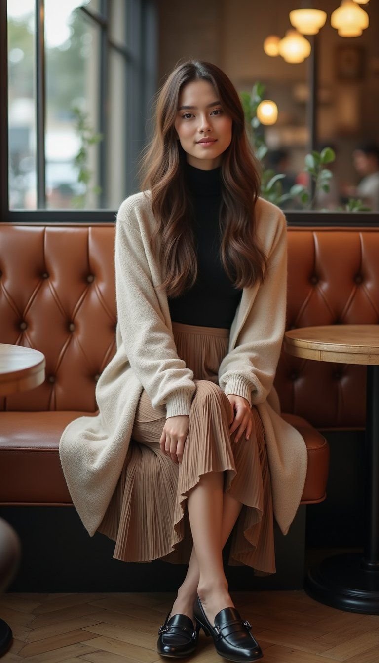 High-Neck Top And Longline Cardigan Pairing