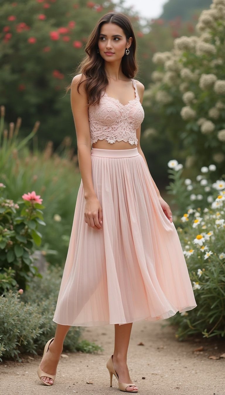 Romantic Lace Top And Soft Pastel Skirt