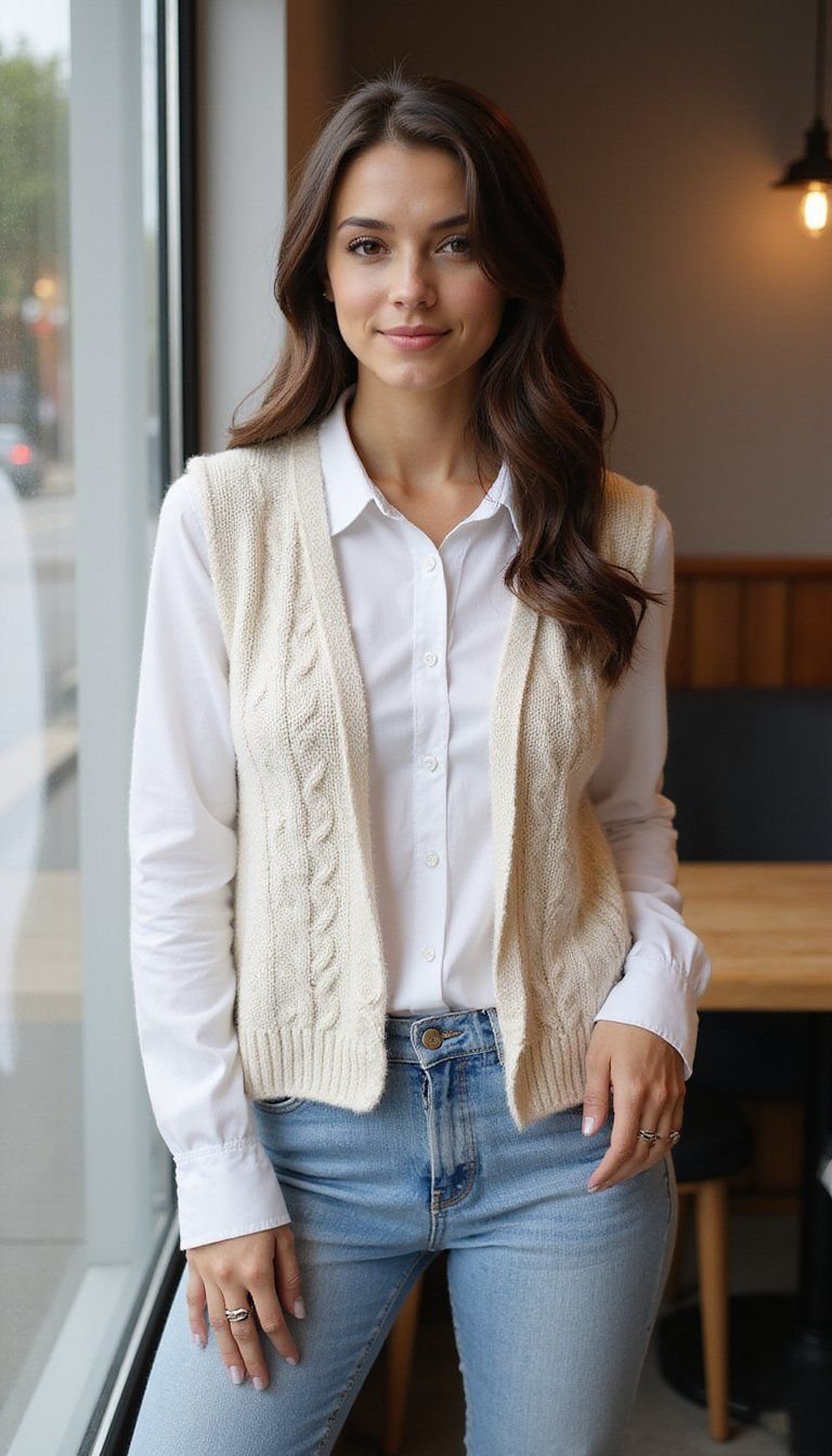Crisp Oxford Shirt With Cable Knit Vest