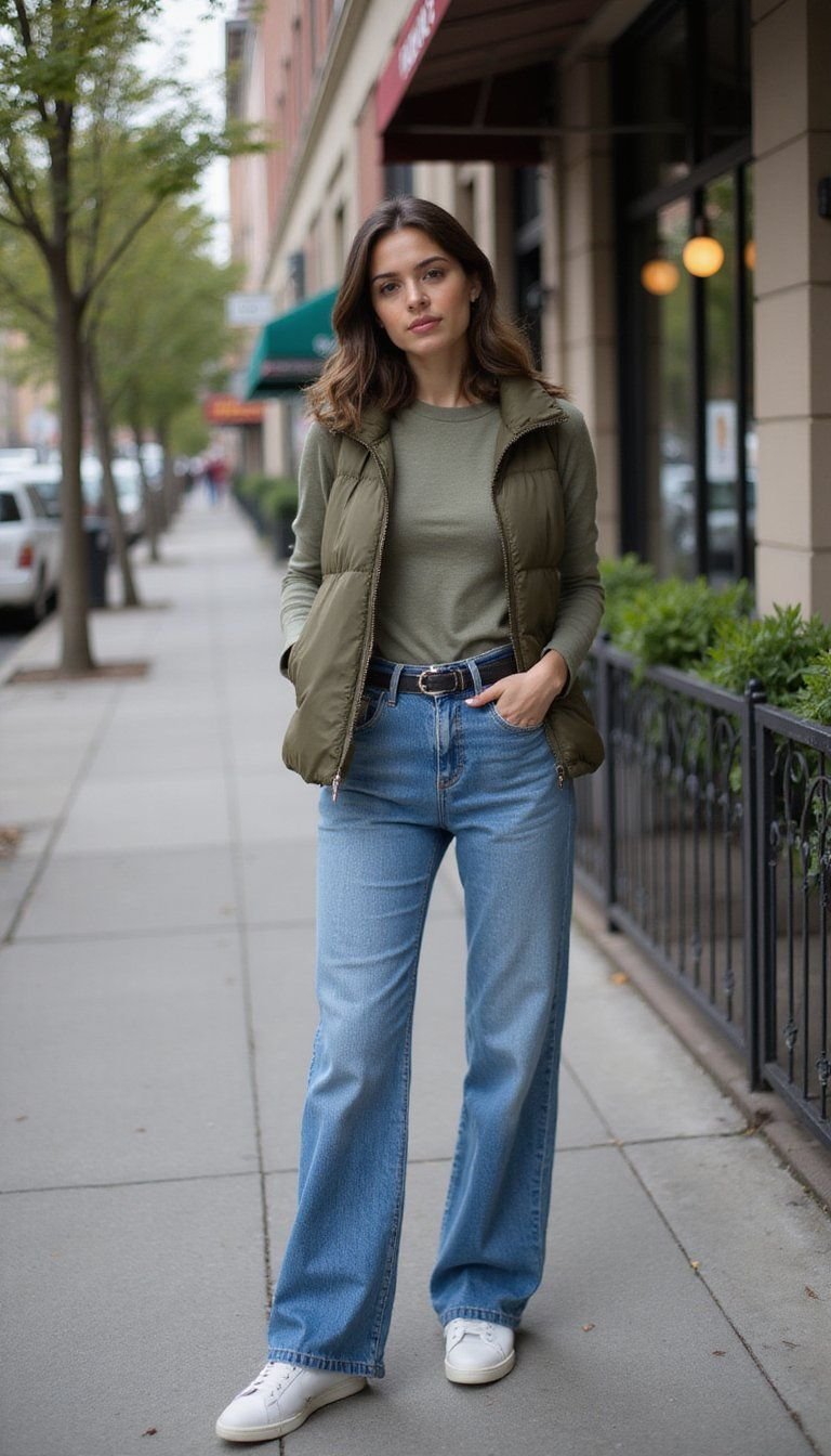 Casual Layered Puffer With High-Waisted Jeans