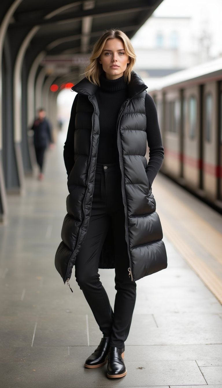 Longline Puffer Vest Over Slim Tailored Pants