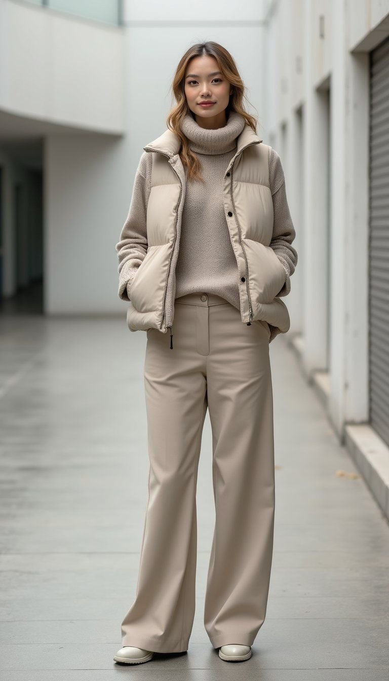 Monochrome Neutrals With Chunky Knit And Puffer