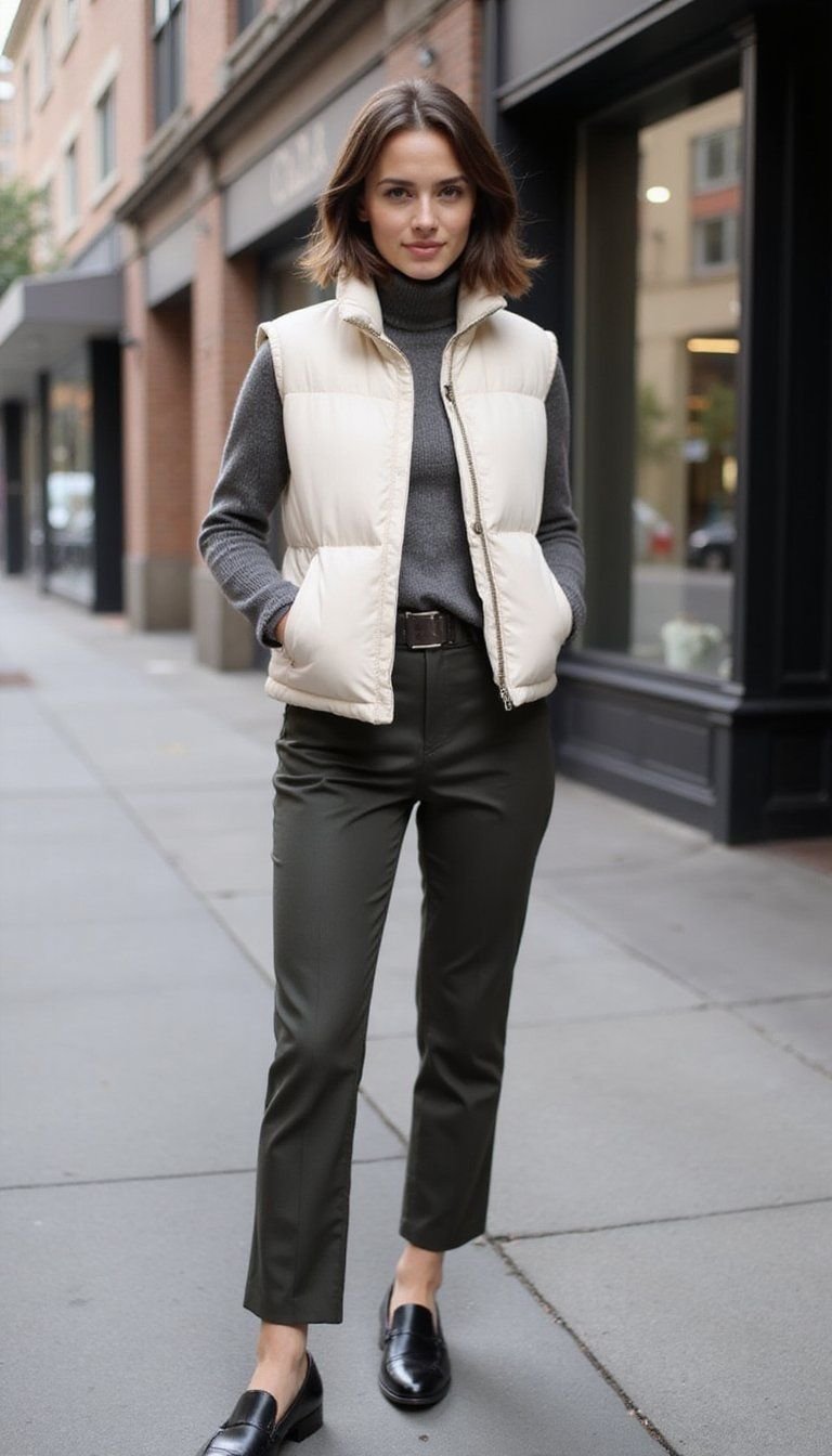 Neutral Toned Puffer With Wool Trousers
