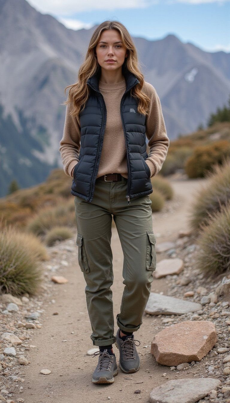 Outdoor-Ready Puffer Vest With Cargo Pants