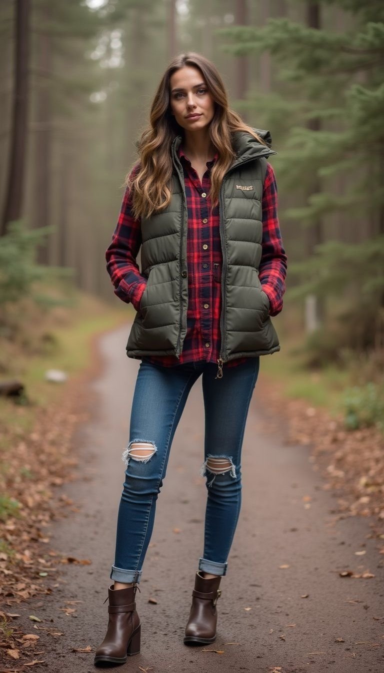 Plaid Shirt Layered Under Oversize Puffer Vest